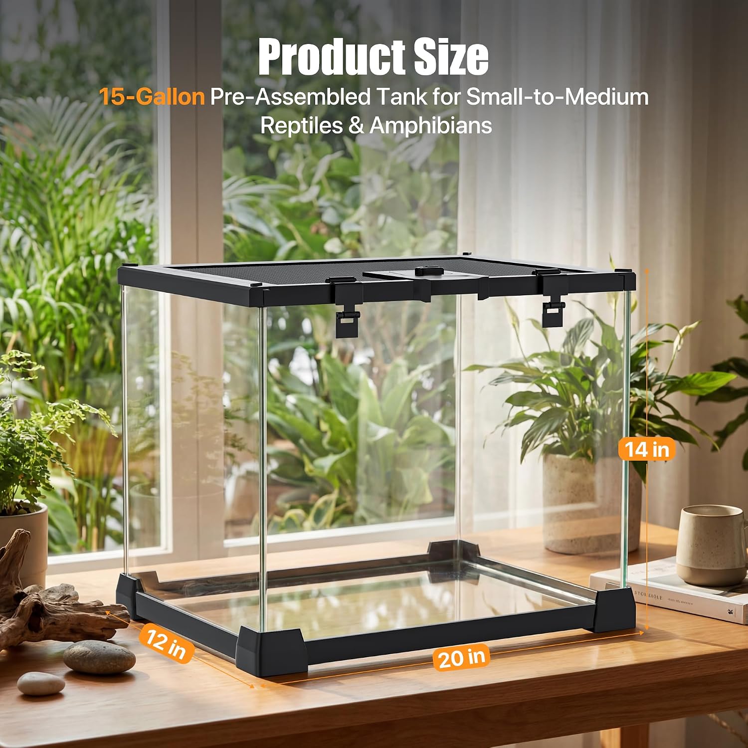 15 Gallon Fully Assembled Glass Reptile Enclosure, 20" x 12" x 14" | Escape-Proof Top Opening Terrestrial Reptile Terrarium Tank for Leopard Geckos, Corn Snakes, Frogs & Hermit Crabs thumbnail 8