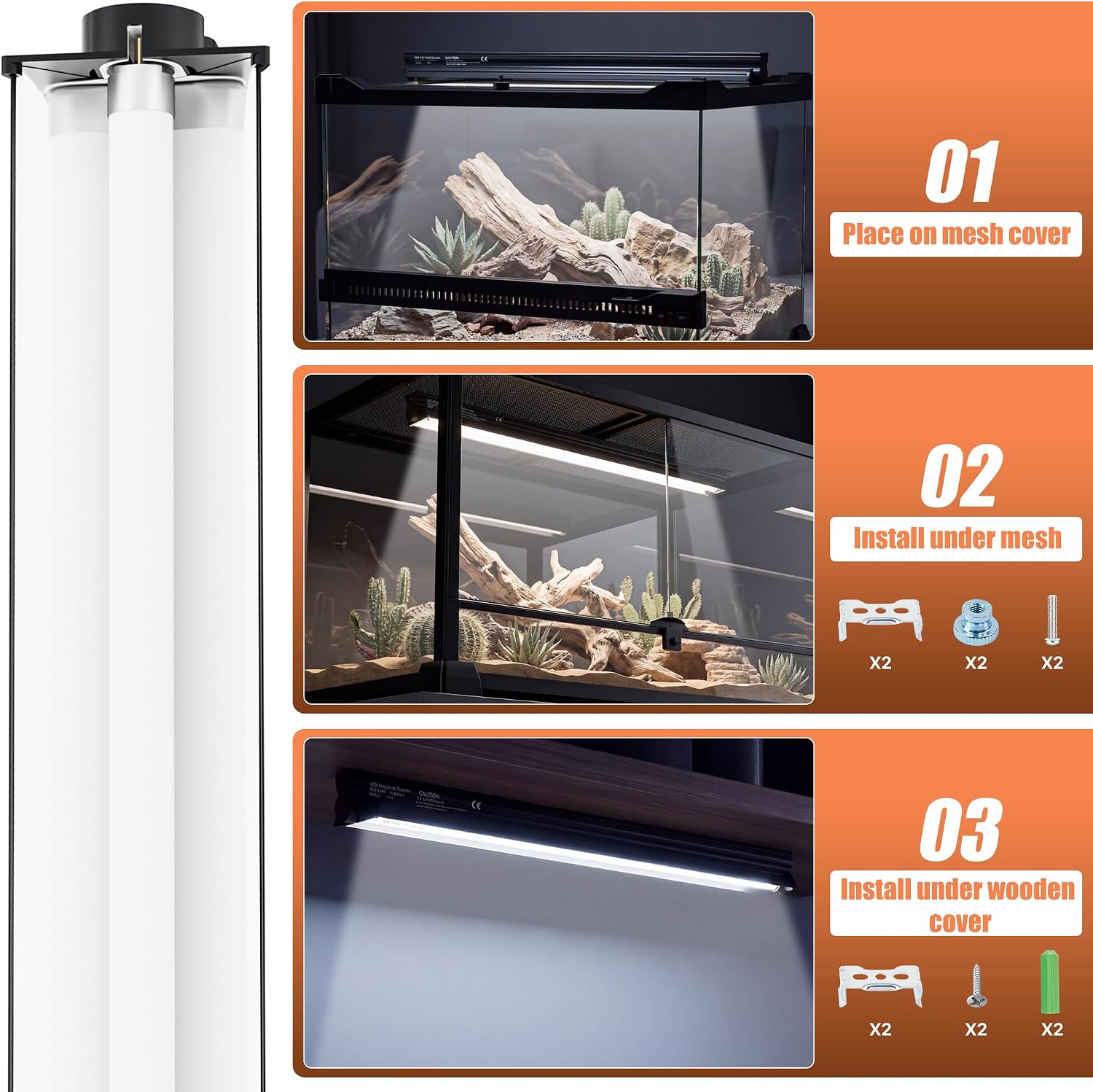T5 UVB 10.0 Reptile Light Fixture Combo Kit (12Inch) | 8W UVB 10.0 Light Bar with T5 HO Terrarium Hood Light Fixture for Desert Reptiles, Bearded Dragons, Lizards, Tortoises thumbnail 2