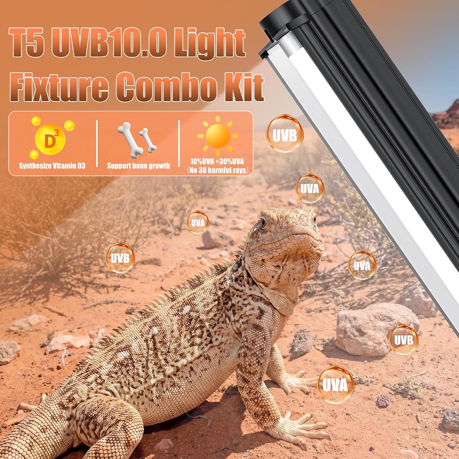 T5 UVB 10.0 Reptile Light Fixture Combo Kit (12Inch) | 8W UVB 10.0 Light Bar with T5 HO Terrarium Hood Light Fixture for Desert Reptiles, Bearded Dragons, Lizards, Tortoises thumbnail 8